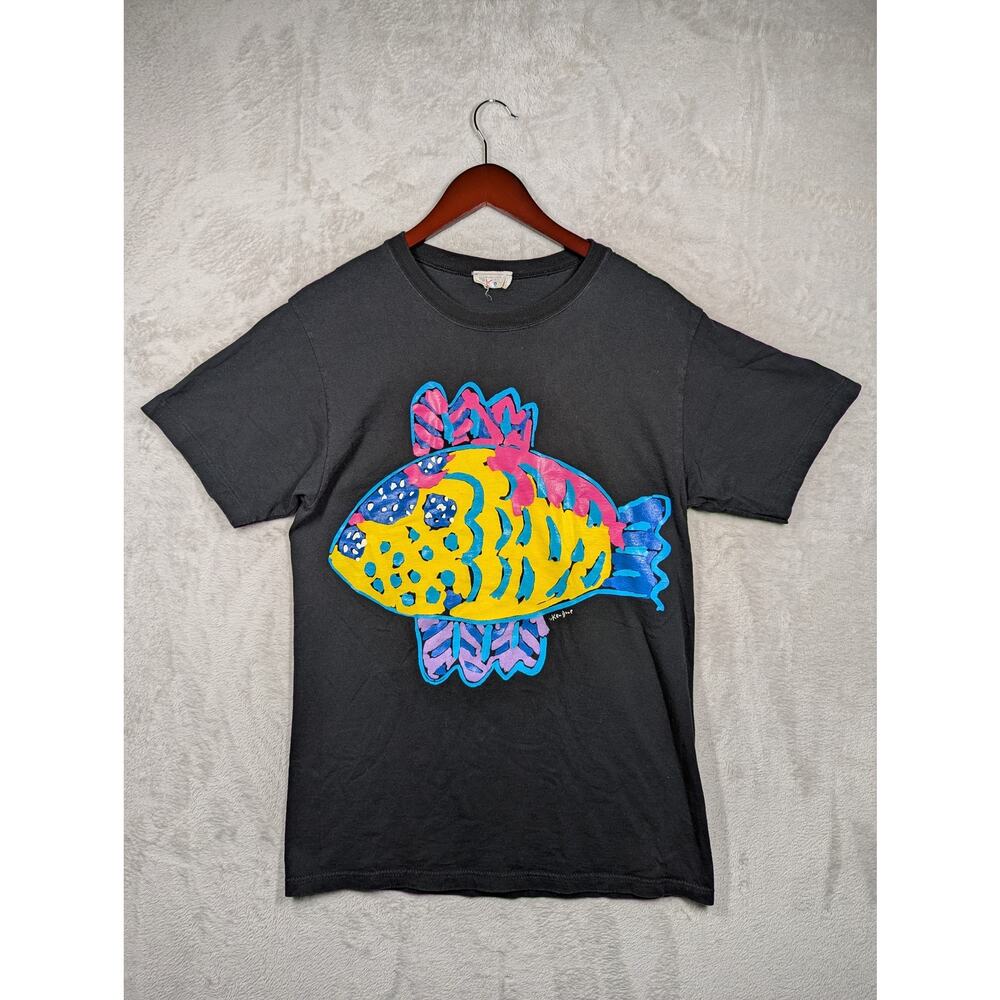 Vintage Ken Done Art to Wear Colorful Fish O/S Black Shirt USA Single Stitch **